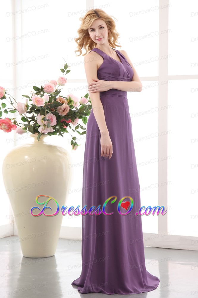 Elegant Purple Empire V-neck Bridesmaid Dress Long Chiffon Ruche