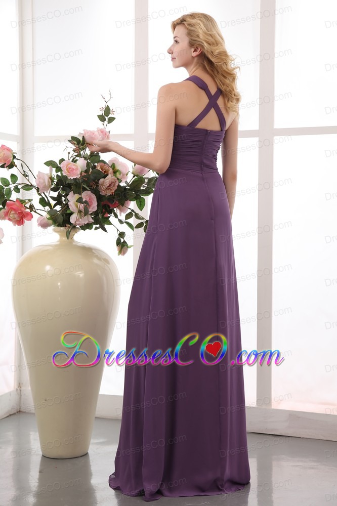 Elegant Purple Empire V-neck Bridesmaid Dress Long Chiffon Ruche