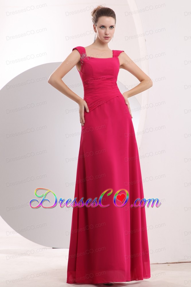 Cheap Hot Pink Straps Beading Bridesmaid Dress Empire Long Chiffon