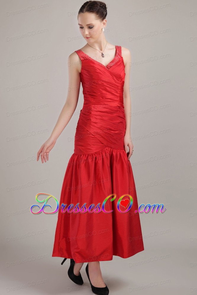 Red Column / Sheath V-neck Tea-length Taffeta Prom Dress