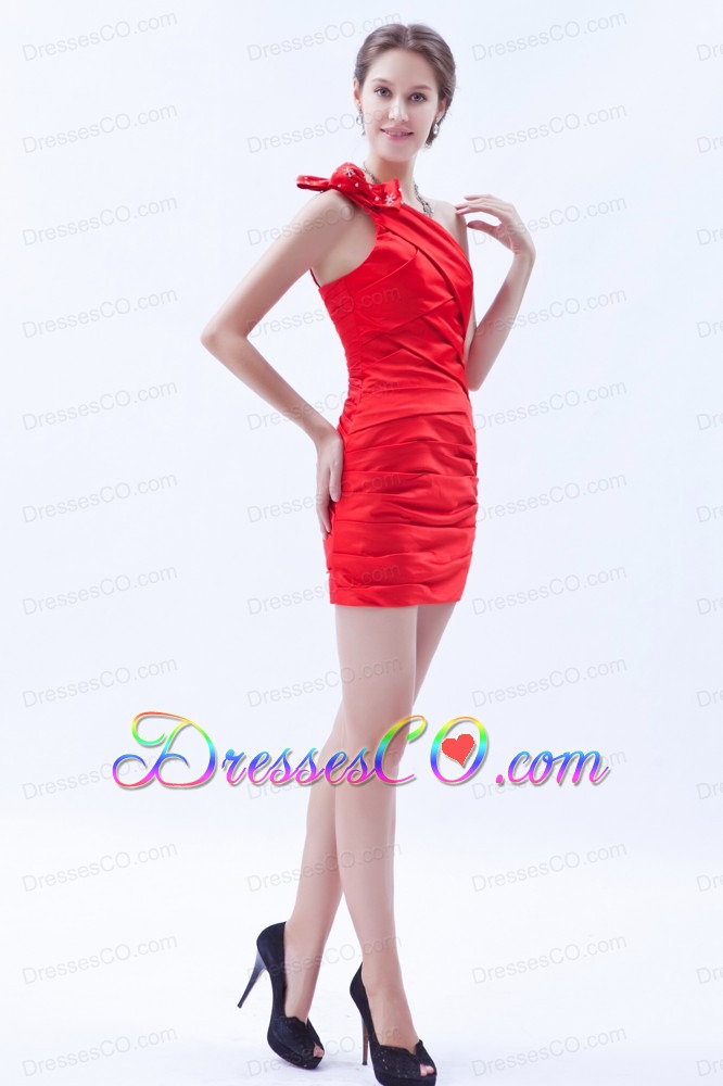 Red Column / Sheath One Shoulder Mini-length Satin Bow Prom Dress