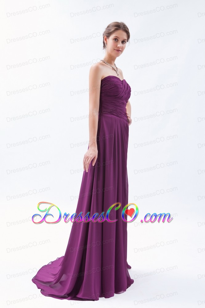 Purple Empire Brush Train Chiffon Ruched Bridesmaid Dress