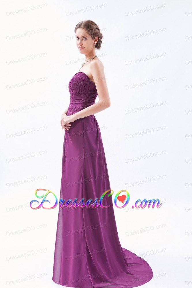Purple Empire Brush Train Chiffon Ruched Bridesmaid Dress