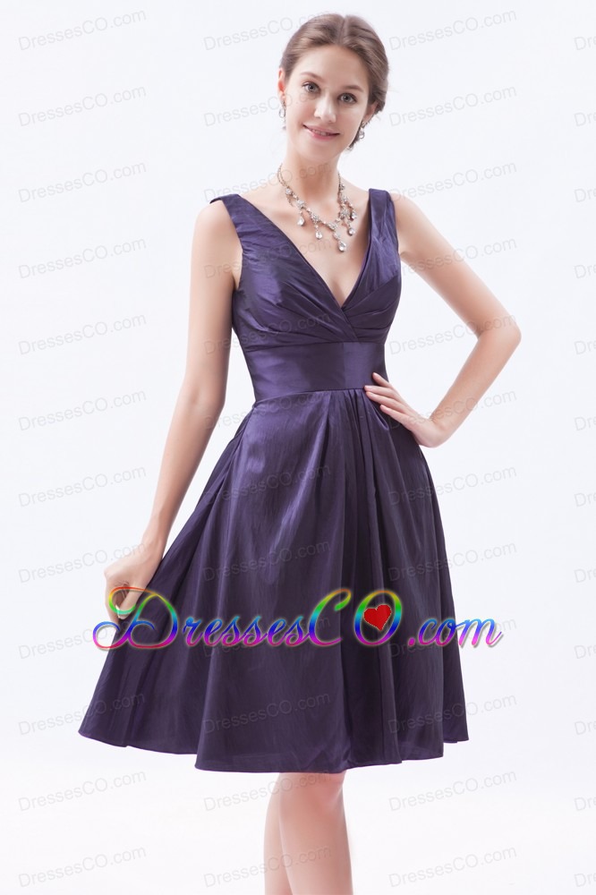 Dark Purple Empire V-neck Knee-length Taffeta Beading Prom Dress