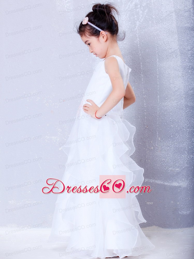 White A-line Scoop Ankle-length Organza Beading Flower Girl Dress
