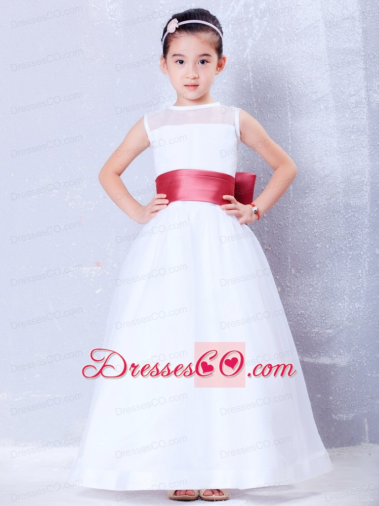 White And Coral Red A-line Bateau Ankle-length Organza And Taffeta Bow Flower Girl Dress
