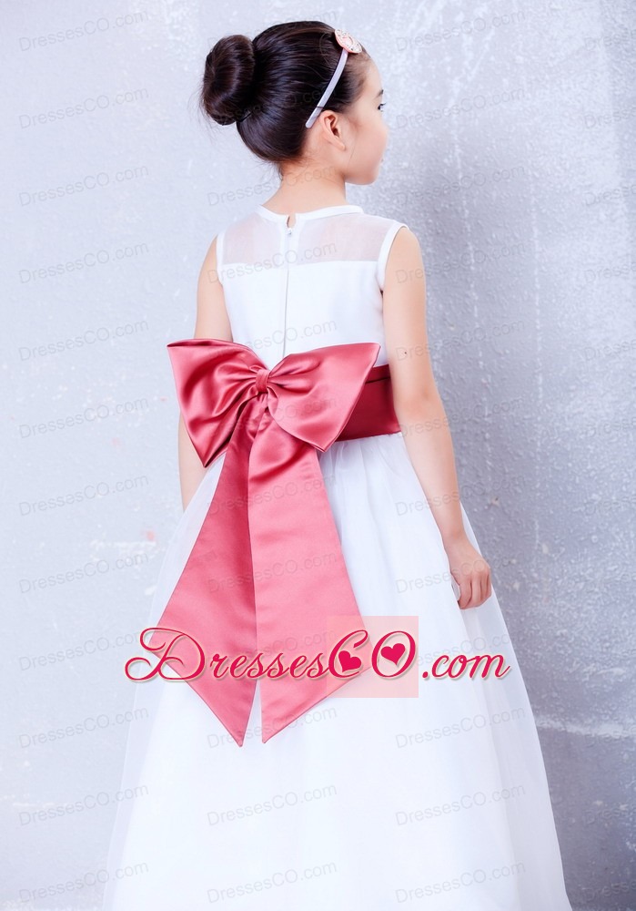 White And Coral Red A-line Bateau Ankle-length Organza And Taffeta Bow Flower Girl Dress