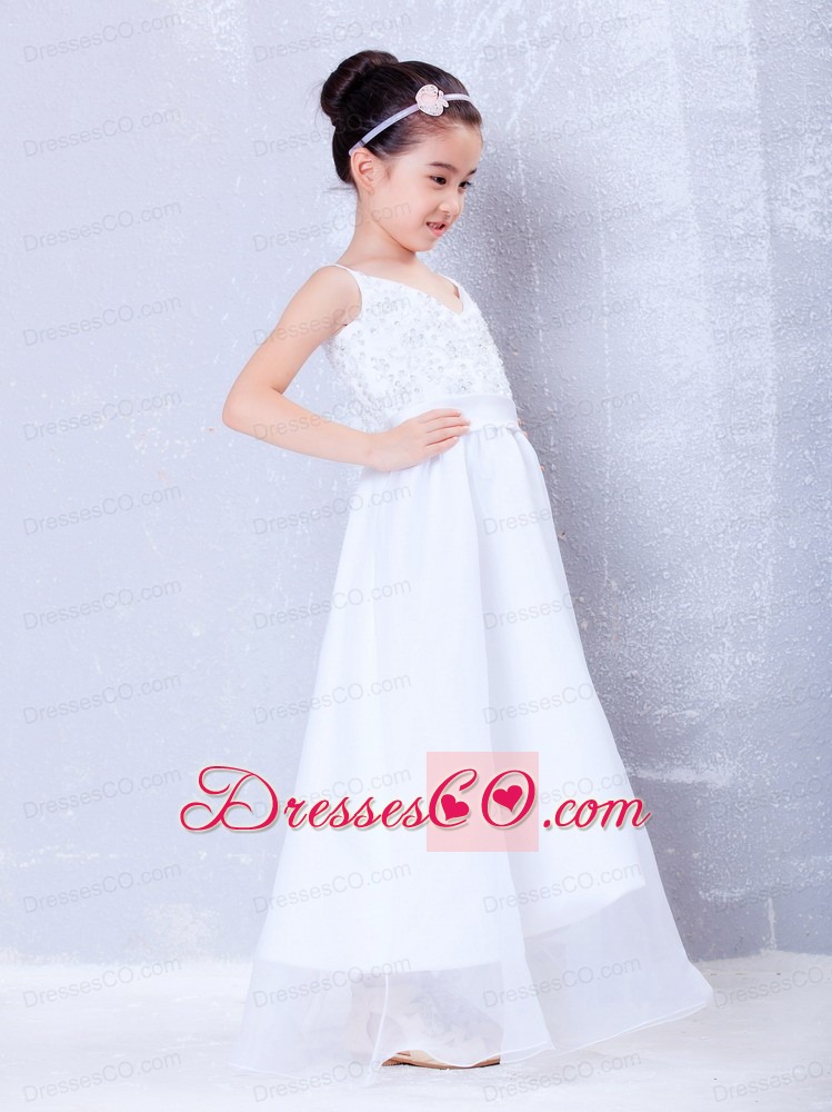 White A-line V-neck Long Taffeta And Organza Beading Flower Girl Dress