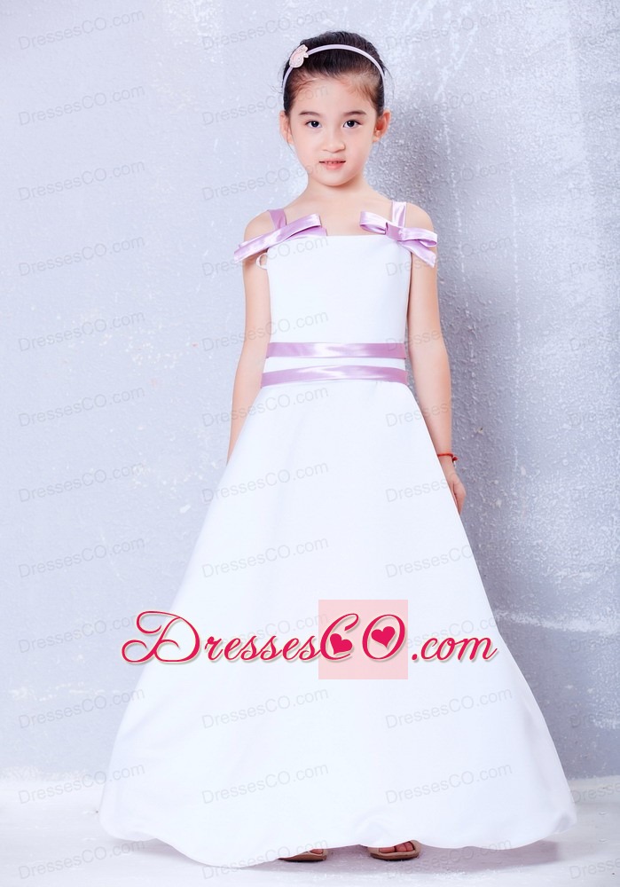 White And Lavender A-line Straps Ankle-length Taffeta Bows Flower Girl Dress