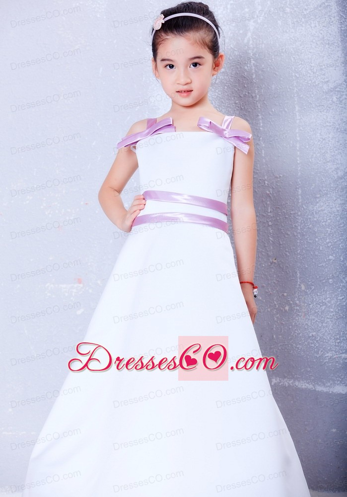 White And Lavender A-line Straps Ankle-length Taffeta Bows Flower Girl Dress