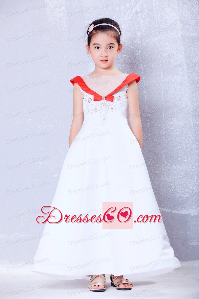 White And Red A-line Scoop Ankle-length Satin And Organza Embroidery Flower Girl Dress