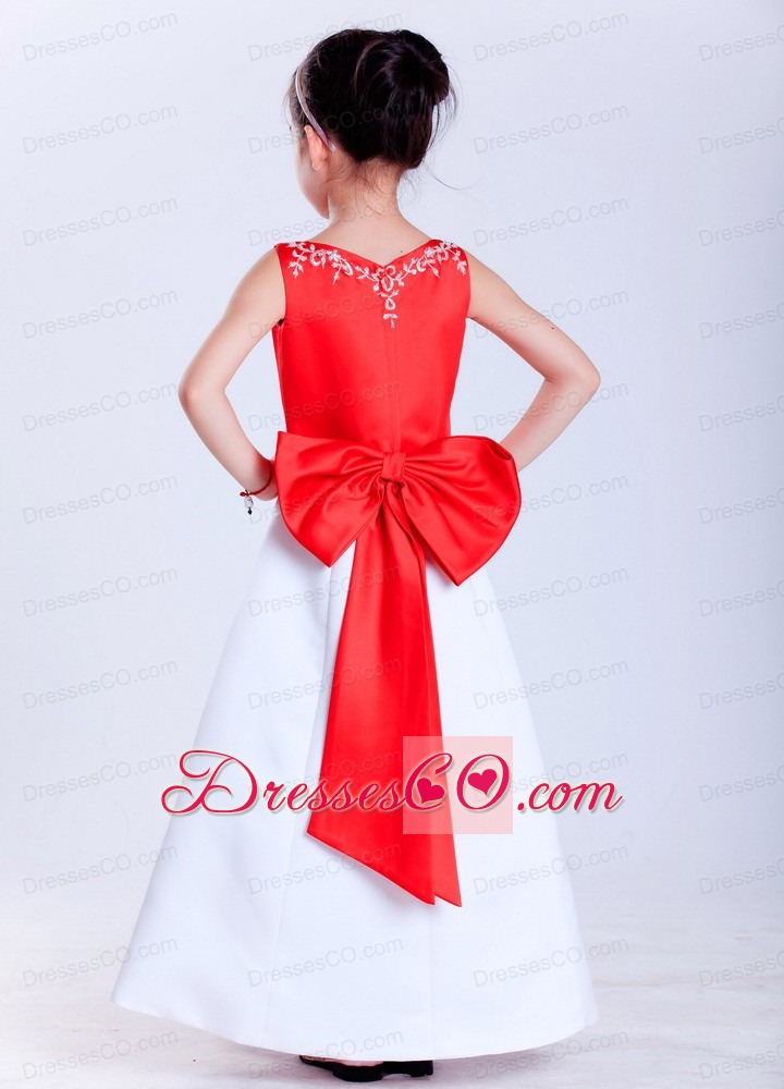 White And Red A-line V-neck Ankle-length Satin Bow Embroidery Flower Girl Dress