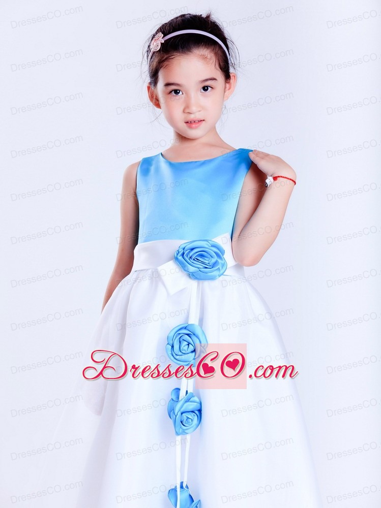 White And Baby Blue A-line Scoop Tea-length Taffeta And Organza Hand Made Flowers Flower Girl Dress