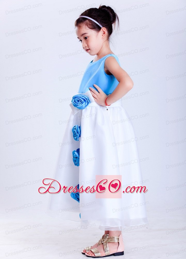 White And Baby Blue A-line Scoop Tea-length Taffeta And Organza Hand Made Flowers Flower Girl Dress