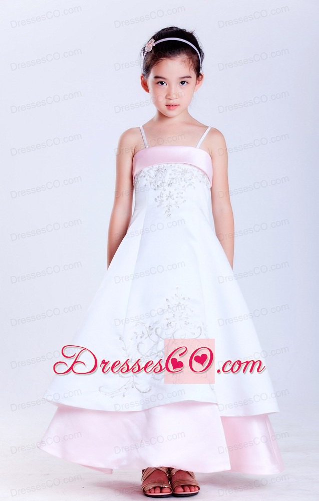 White And Pink A-line Straps Ankle-length Taffeta And Satin Embroidery Flower Girl Dress
