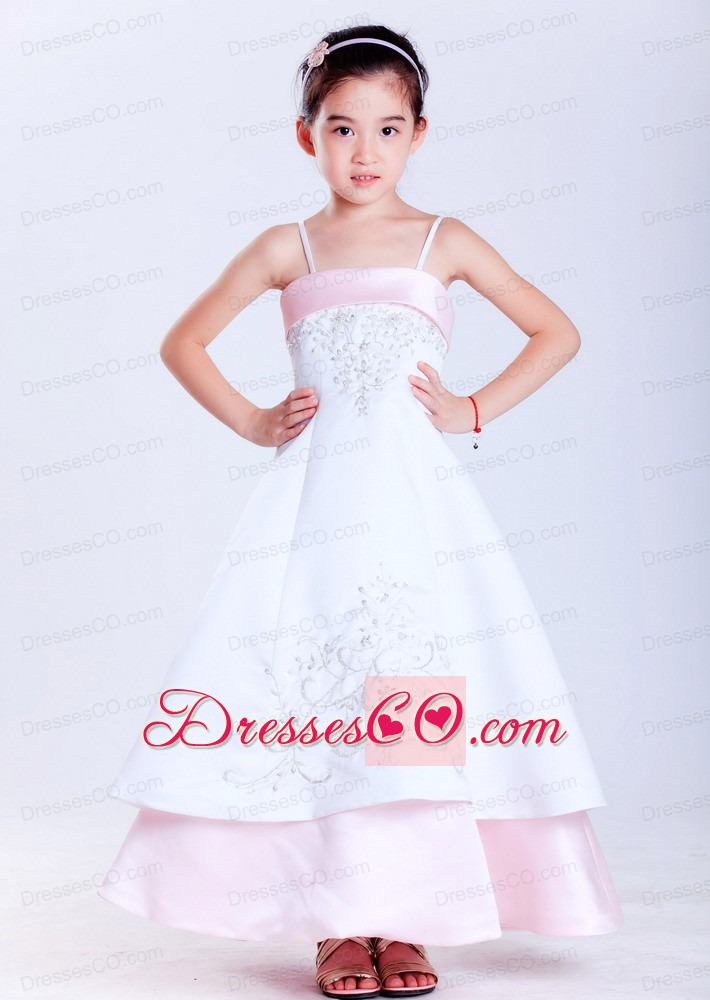 White And Pink A-line Straps Ankle-length Taffeta And Satin Embroidery Flower Girl Dress