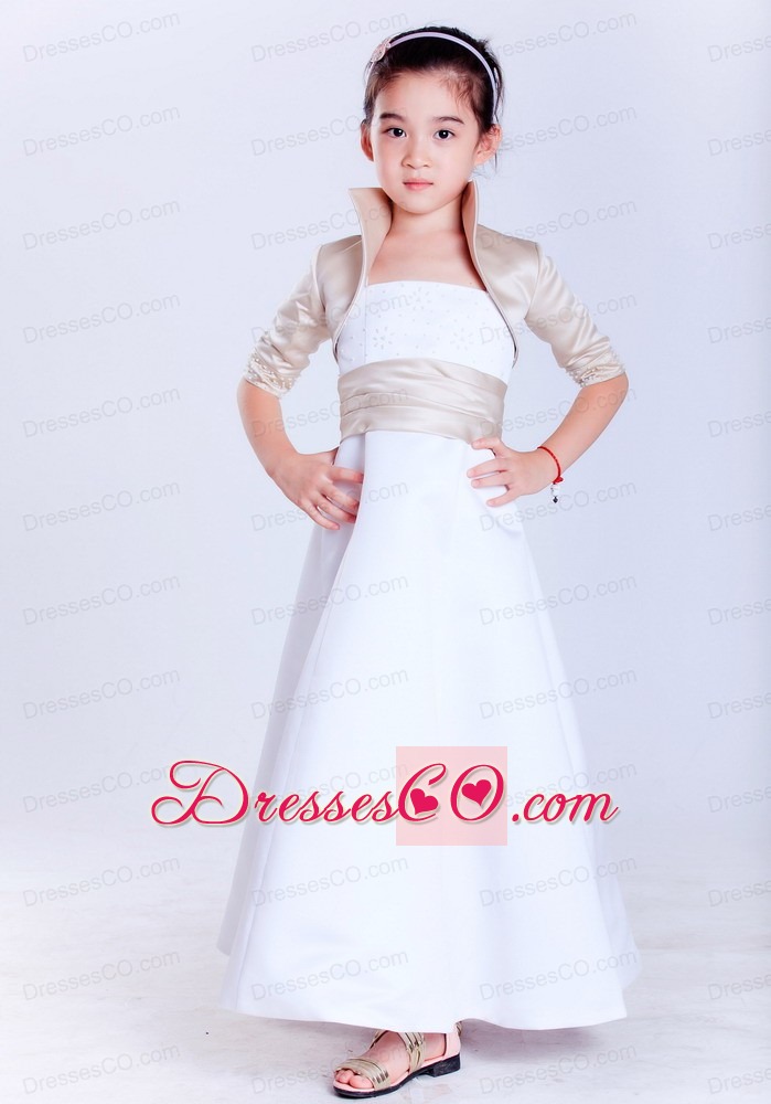 White A-line Strapless Ankle-length Satin Beading Flower Girl Dress