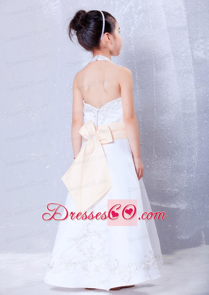 White A-line Halter Ankle-length Satin Embroidery Flower Girl Dress