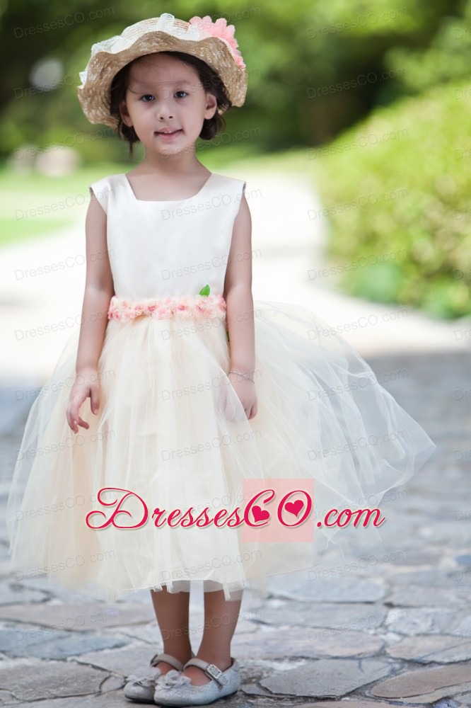 White And Champagne Ball Gown Scoop Tea-length Taffeta And Tulle Hand Made Flowers Flower Girl Dress