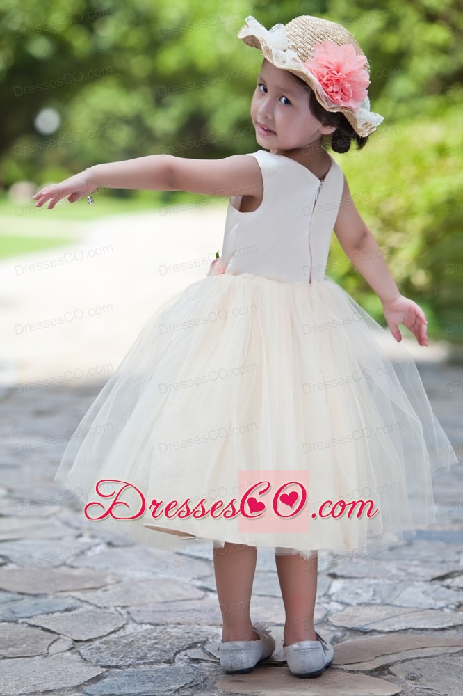 White And Champagne Ball Gown Scoop Tea-length Taffeta And Tulle Hand Made Flowers Flower Girl Dress