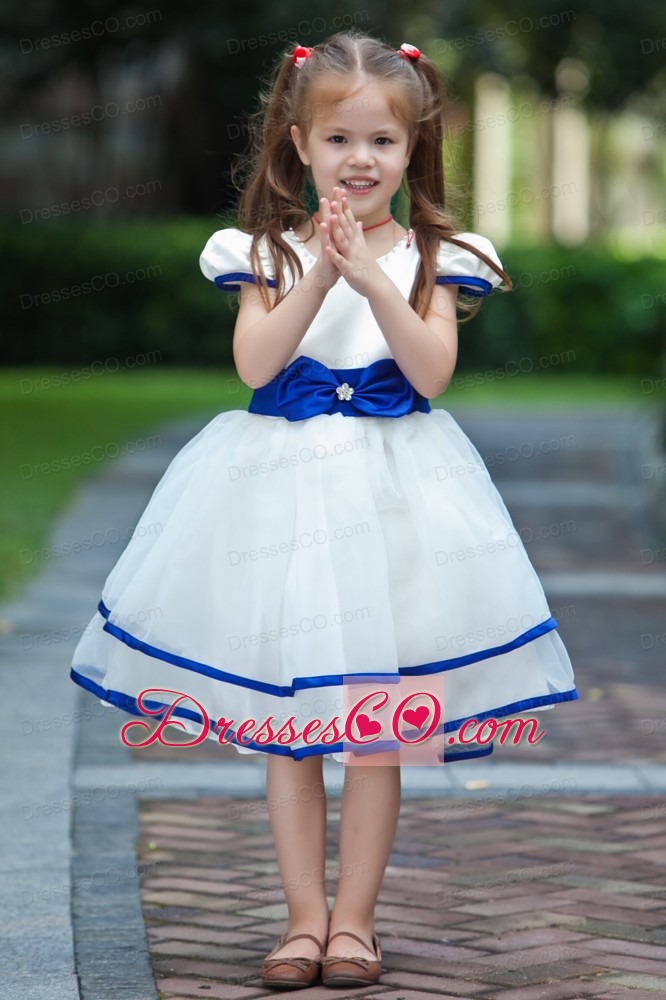 White And Blue Ball Gown Scoop Knee-length Taffeta And Organza Bow Flower Girl Dress