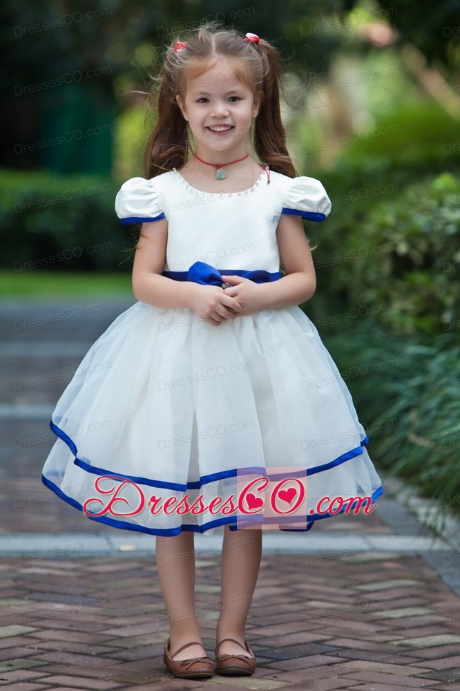White And Blue Ball Gown Scoop Knee-length Taffeta And Organza Bow Flower Girl Dress