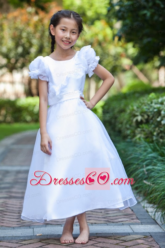 White A-line Scoop Ankle-length Taffeta And Organza Hand Made Flowers Flower Girl Dress