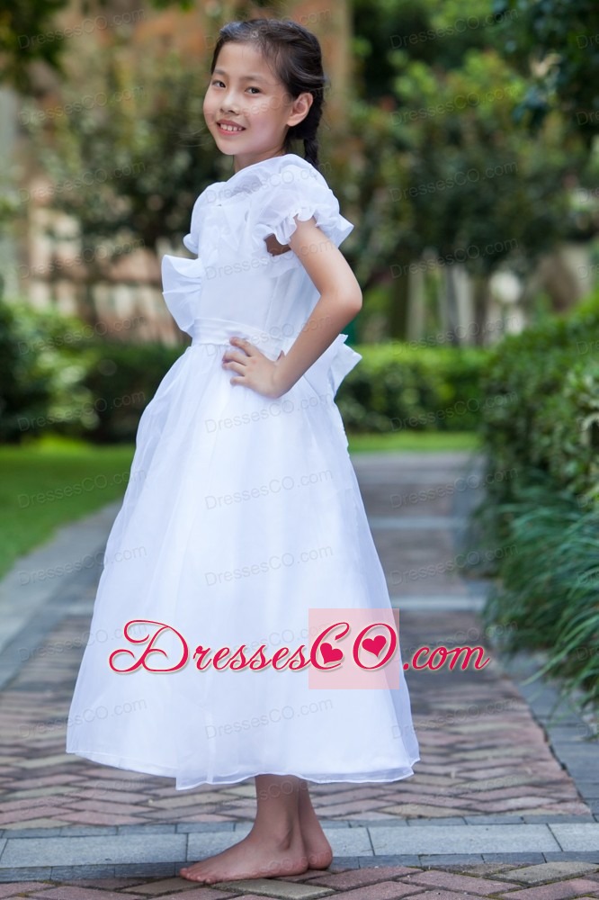 White A-line Scoop Ankle-length Taffeta And Organza Hand Made Flowers Flower Girl Dress