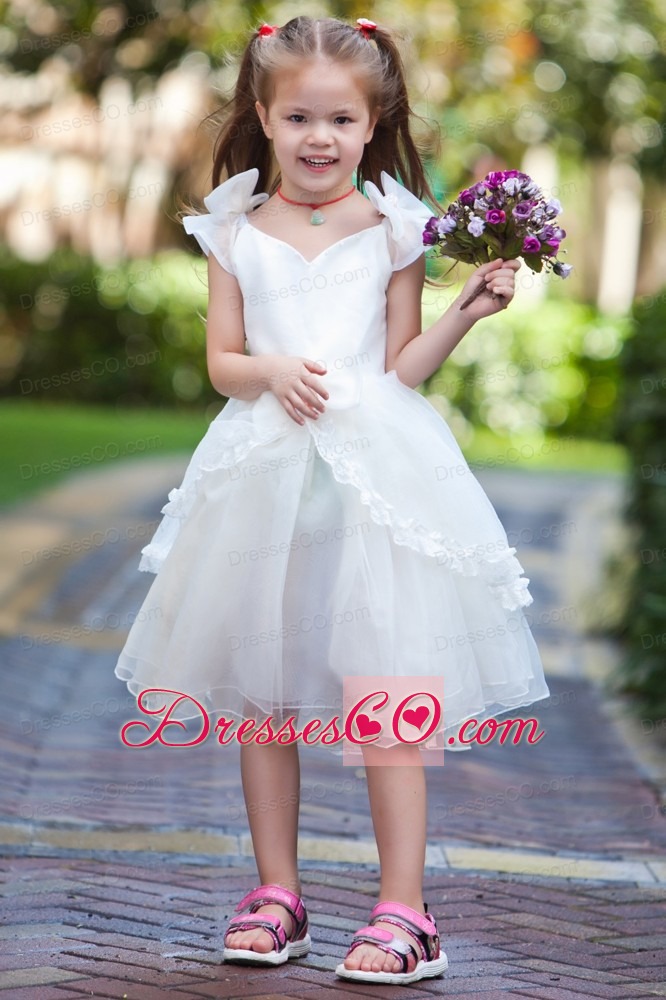 White Ball Gown V-neck Tea-length Taffeta Organza Hand Made Flowers Flower Girl Dress