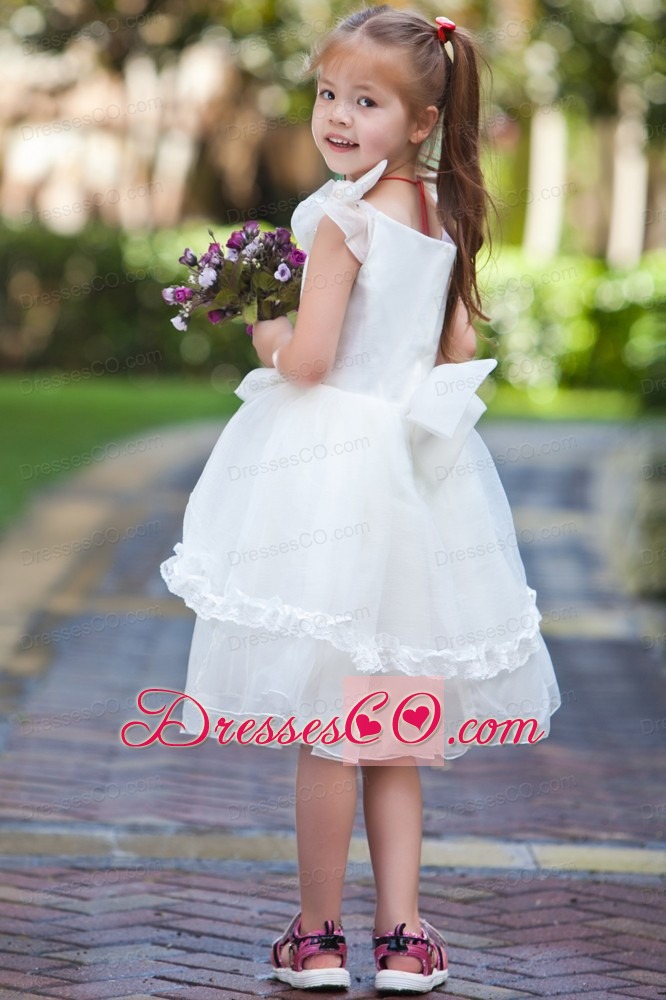 White Ball Gown V-neck Tea-length Taffeta Organza Hand Made Flowers Flower Girl Dress