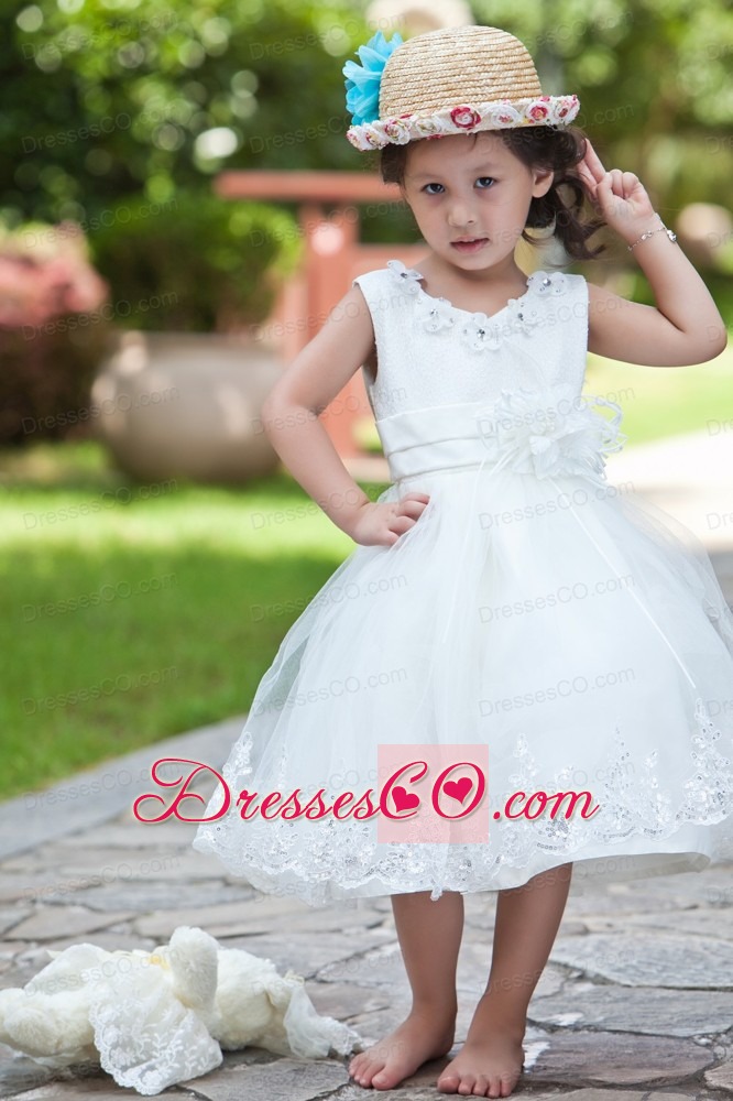 White Ball Gown V-neck Tea-length Taffeta And Organza Hand Made Flowers And Beading Flower Girl Dress