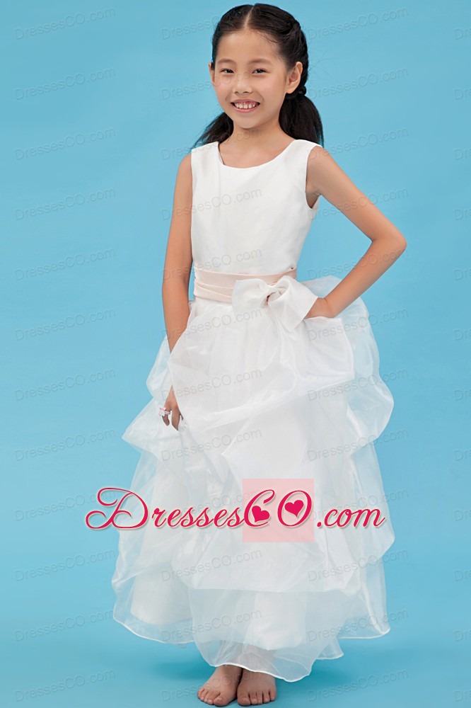 White A-line Scoop Ankle-length Organza Sash Flower Girl Dress