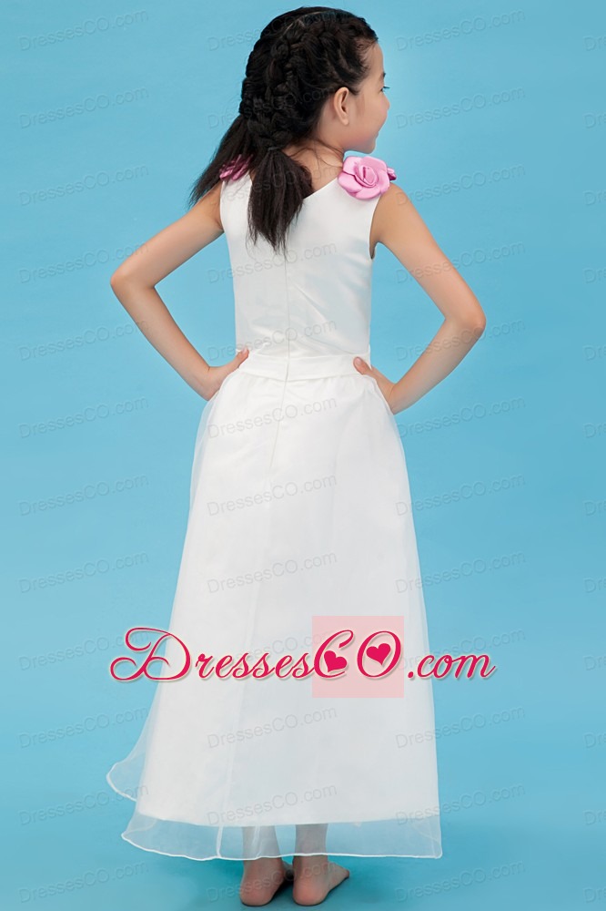 White A-line V-neck Ankle-length Organza Hand Made Flowers Flower Girl Dress