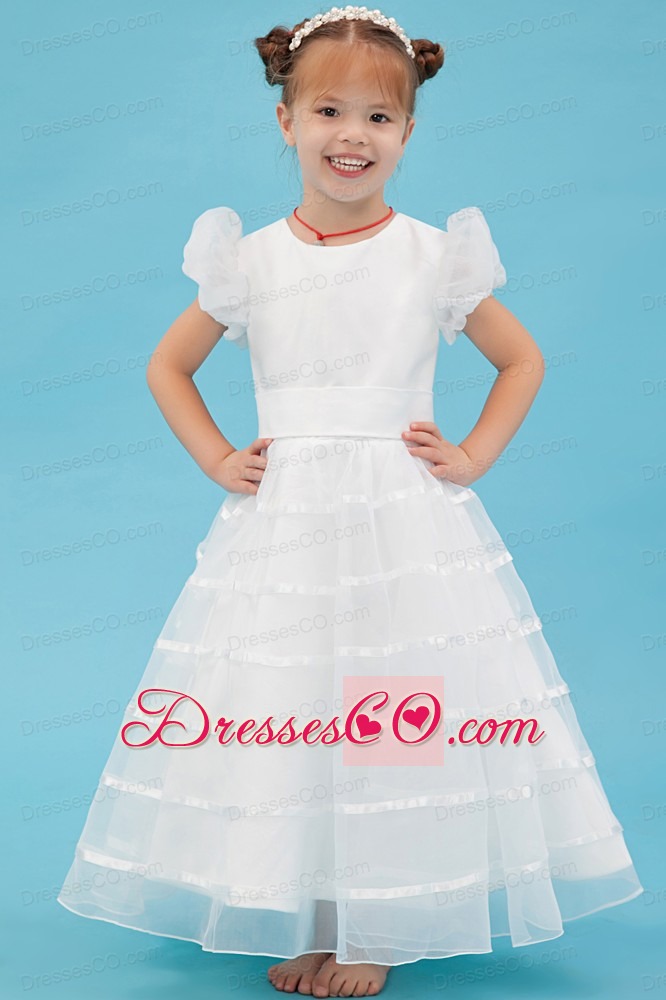 White A-line Scoop Ankle-length Organza Belt Flower Girl Dress