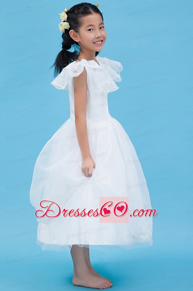 White A-line Scoop Ankle-length Tulle Lace Flower Girl Dress