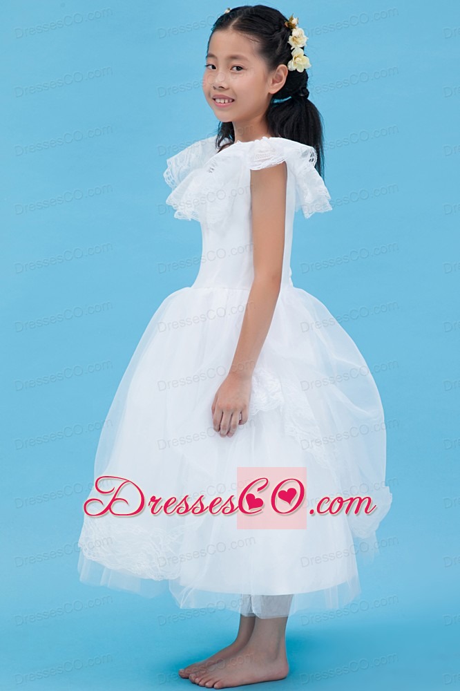 White A-line Scoop Ankle-length Tulle Lace Flower Girl Dress