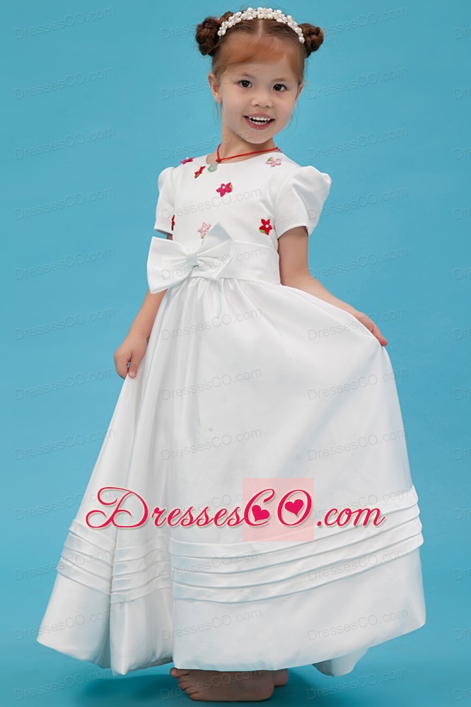 White A-line Scoop Long Taffeta Sash Flower Girl Dress