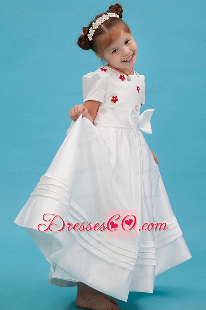 White A-line Scoop Long Taffeta Sash Flower Girl Dress