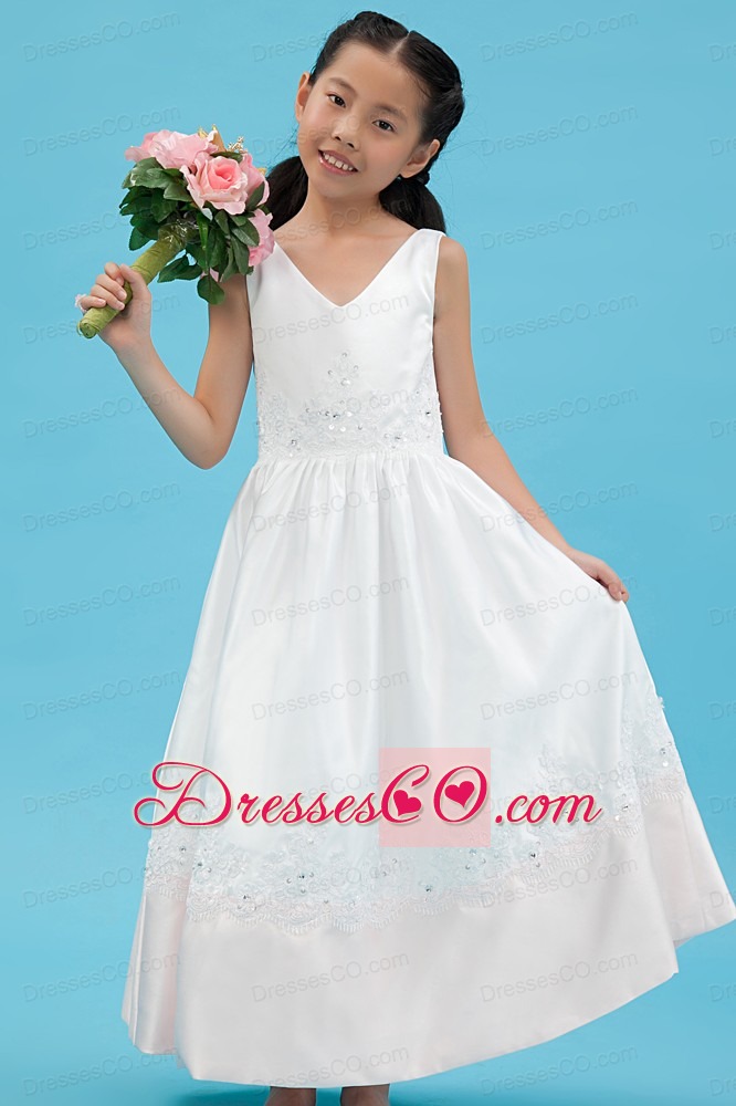 White A-line V-neck Ankle-length Satin Appliques Flower Girl Dress