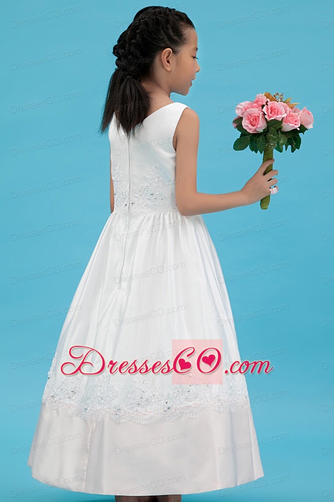 White A-line V-neck Ankle-length Satin Appliques Flower Girl Dress