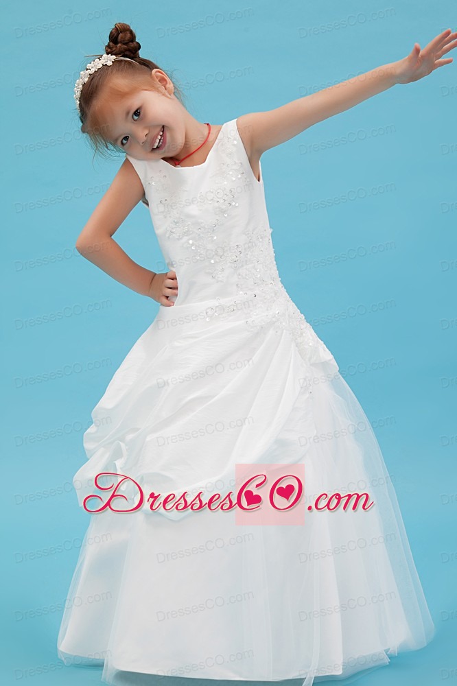 White A-line Scoop Long Taffeta Beading And Appliques Flower Girl Dress