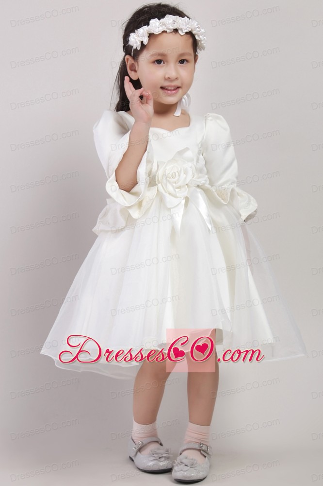 White A-line Square Knee-length Organza And Taffeta Embroidery And Hand Made Flowers Little Girl Dress