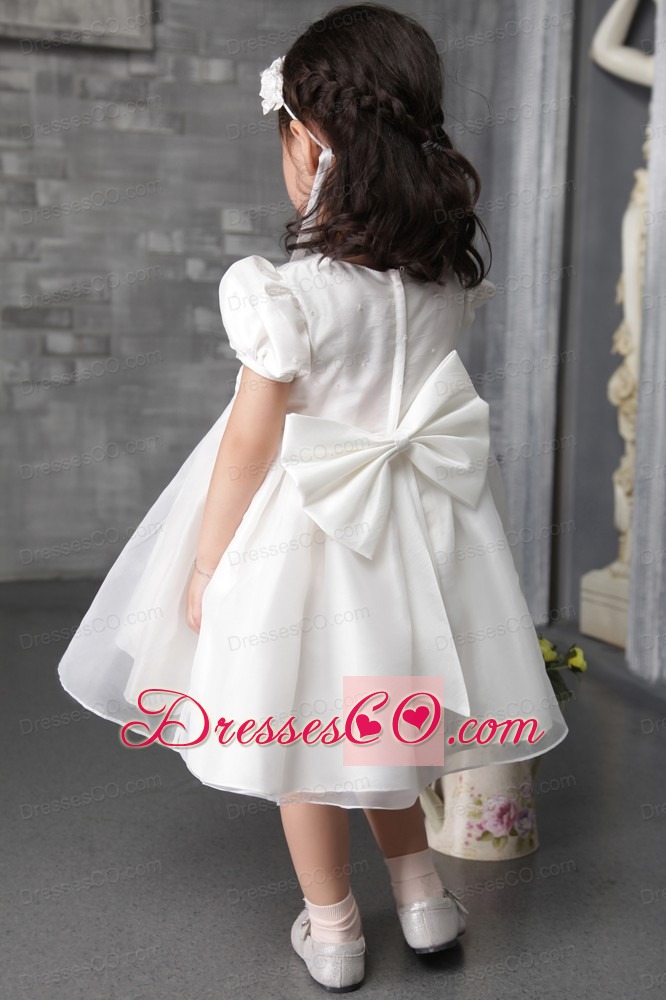 White A-line / Princess Scoop Tea-length Organza Hand Made Flowers Flower Girl Dress