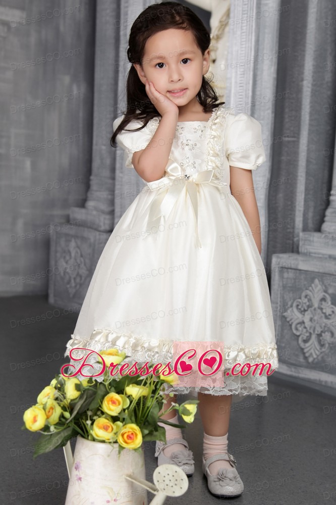 Off White A-line / Princess Scoop Tea-length Taffeta Beading Flower Girl Dress