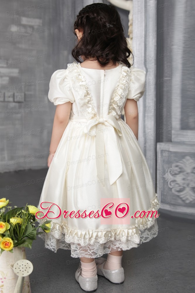 Off White A-line / Princess Scoop Tea-length Taffeta Beading Flower Girl Dress