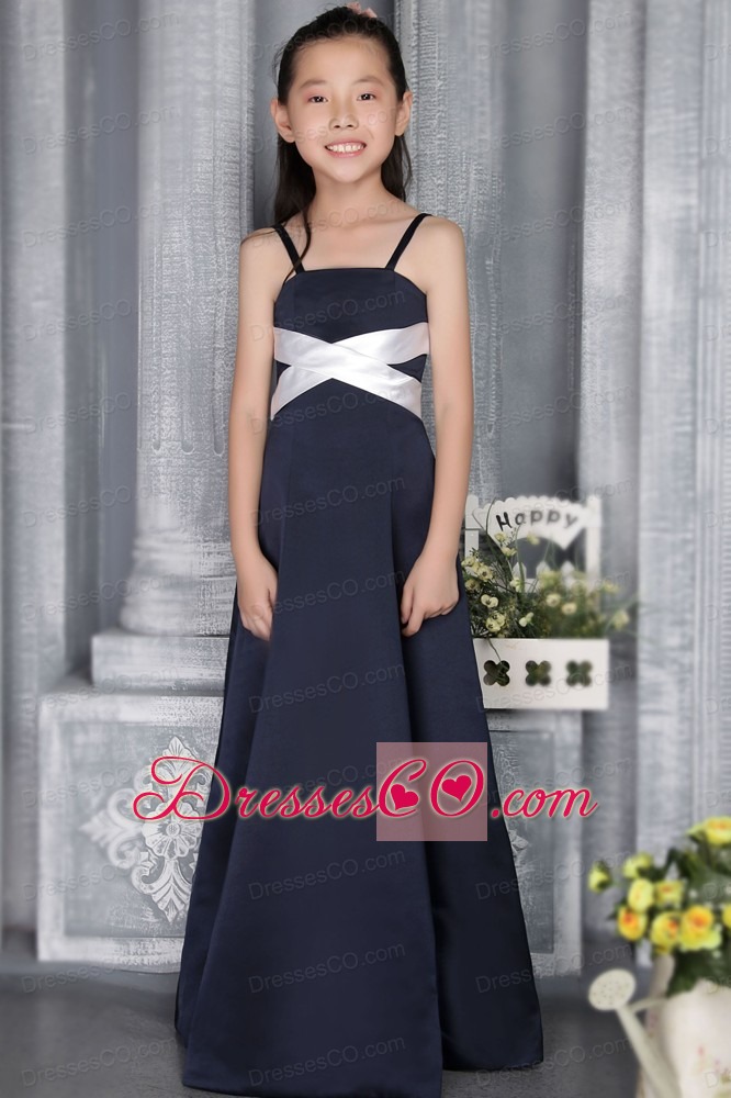 Navy Blue Column Straps Long Satin Flower Girl Dress