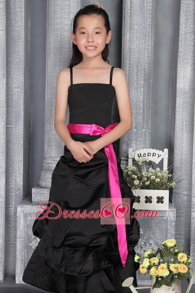 Black A-line / Princess Straps Long Satin Belt Flower Girl Dress