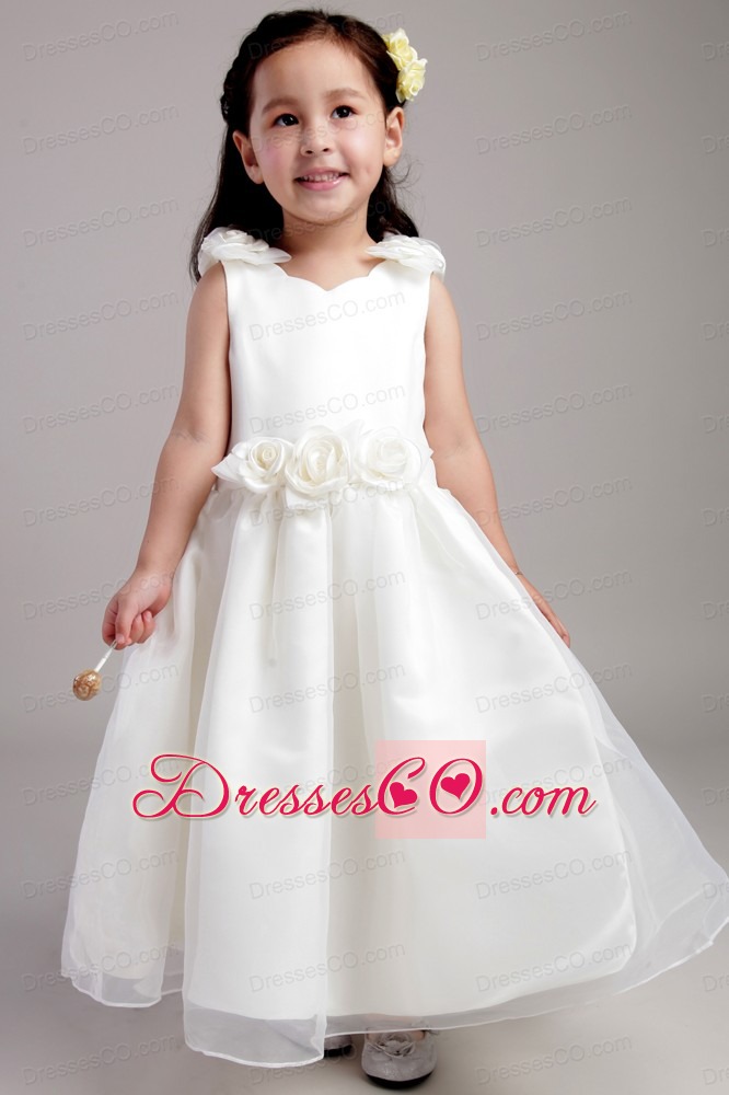 White A-line Straps Ankle-length Taffeta And Organza Hand Made Flowers Flower Girl Dress