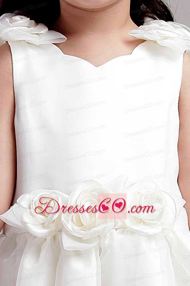 White A-line Straps Ankle-length Taffeta And Organza Hand Made Flowers Flower Girl Dress