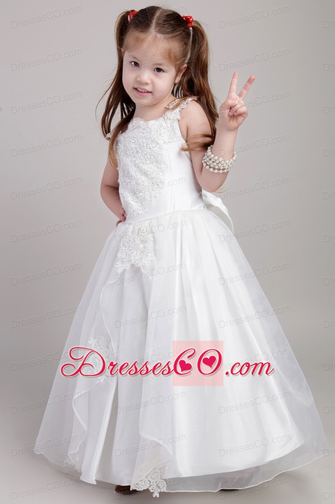 White A-line Straps Ankle-length Taffeta And Organza Appliques Flower Girl Dress